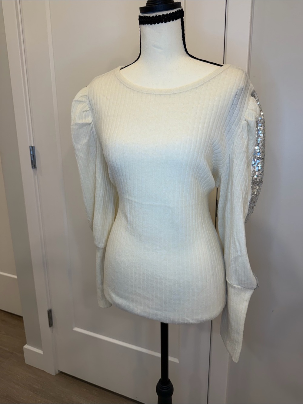 Ivory Ribbed Sequin Puff Sleeve Top